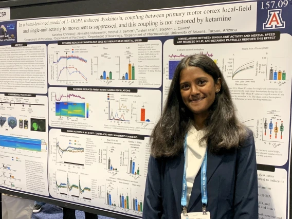 Picture of Kanishka Chinnaraj standing in front of her poster at the 2024 Society for Neuroscience annual meeting