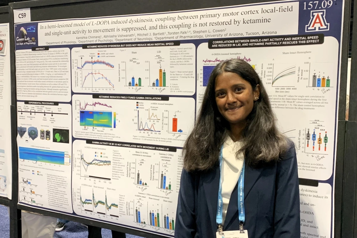 Picture of Kanishka Chinnaraj standing in front of her poster at the 2024 Society for Neuroscience annual meeting