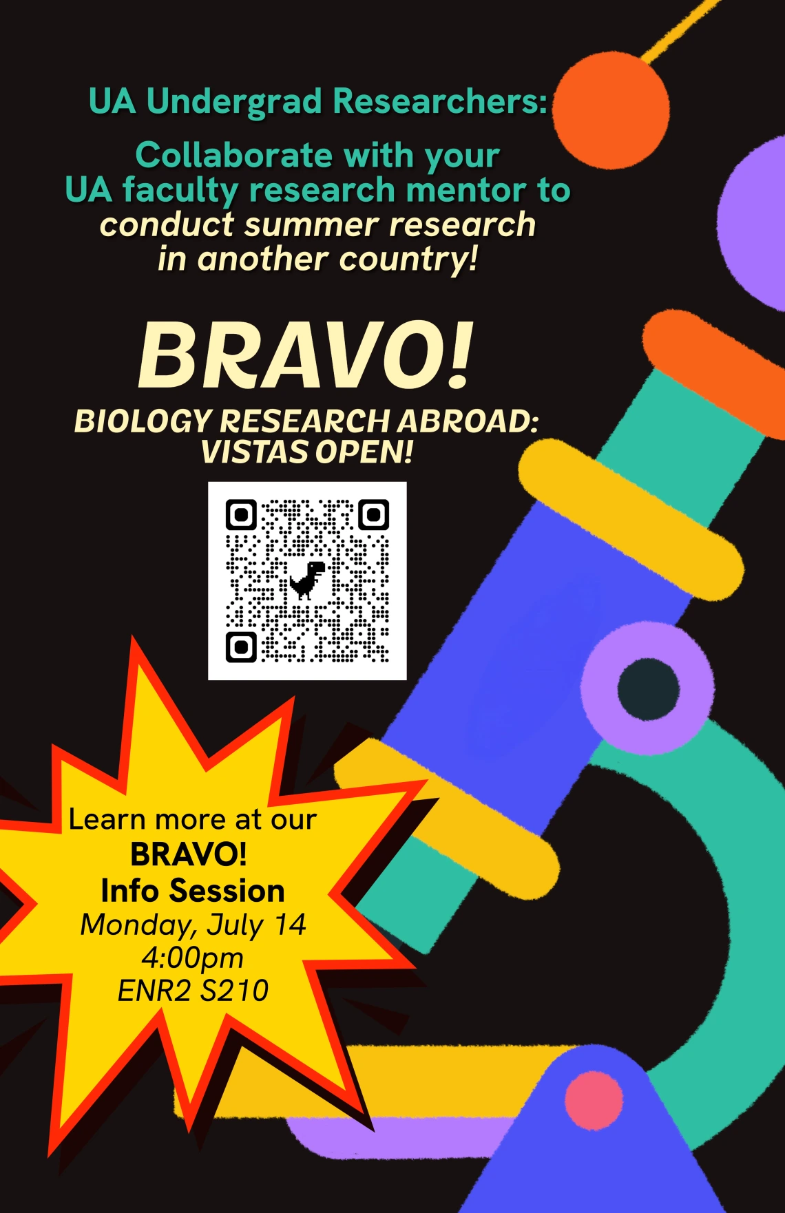Flyer for BRAVO information session - July 14, 2025 at 4pm in the ENR2 Building, Room S210