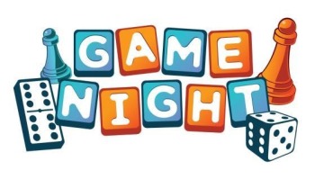Picture of chess pieces, a domino, and dice, with the words game night.