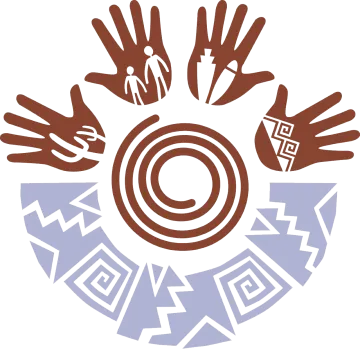 Picture of 4 hands, a spiral, and pottery inspired symbols.