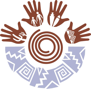 Picture of 4 hands, a spiral, and pottery inspired symbols.