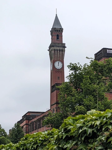 Picture of an old clock tower and a wall covered in ivy